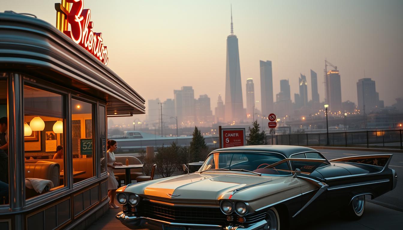 A classic American diner set in the warm glow of a mid-century evening. In the foreground, a chrome-accented exterior with neon signage and large picture windows revealing cozy booths and a bustling counter. Waitresses in crisp uniforms move between tables, delivering steaming plates of comfort food. The middle ground features a vintage Cadillac parked out front, its fins and chrome trim reflecting the diner's retro aesthetic. In the background, a hazy cityscape with towering skyscrapers and the faint glow of streetlights, suggesting a thriving urban landscape. The scene is bathed in a soft, golden light, creating a nostalgic, timeless atmosphere that captures the enduring allure of the classic American diner. Food Open Near Me