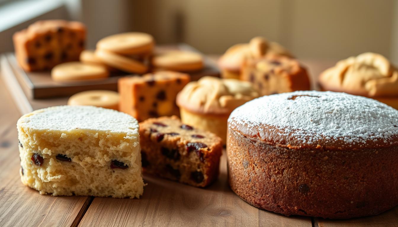 A close-up shot of a selection of simple, traditional British cakes on a rustic wooden table. The cakes are arranged in a casual, artful manner, showcasing their homemade charm. In the foreground, a classic Victoria sponge cake with a dusting of powdered sugar sits alongside a moist, dense fruit cake and a fluffy, golden-crusted scone. The middle ground features a tray of freshly baked shortbread cookies and a few slices of rich, moist Dundee cake. The background is softly blurred, allowing the focus to remain on the delectable baked goods. The lighting is warm and natural, casting a cozy, inviting glow over the scene. The overall mood is one of simple elegance and comforting nostalgia.
