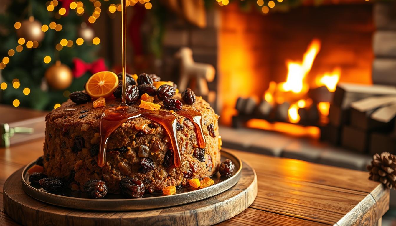 A richly detailed Christmas scene featuring a sumptuous British Christmas cake on a wooden table, bathed in warm, golden light. The cake is adorned with plump, juicy raisins, candied citrus peel, and a generous drizzle of amber-hued brandy, which glistens alluringly. In the background, a cozy fireplace crackles, casting a soft, inviting glow. The atmosphere is one of festive indulgence and the comforting embrace of tradition, underscoring the essential role of brandy in elevating this beloved holiday confection.
