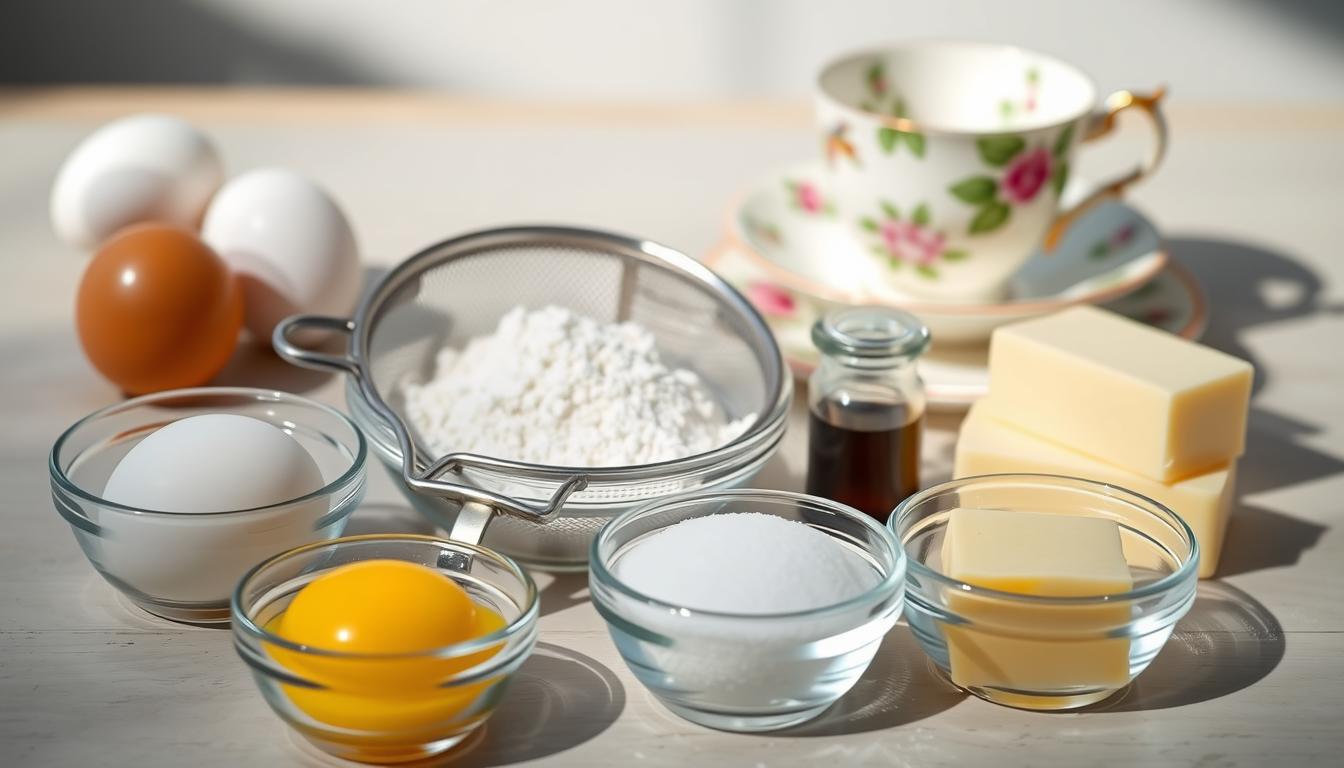 A neatly arranged display of essential ingredients for baking mini British tea cakes. In the foreground, a selection of fresh eggs, unsalted butter, and fine white sugar in delicate glass bowls. The middle ground features a sifter filled with all-purpose flour, alongside a small jar of vanilla extract and a sprinkling of baking powder. In the background, a vintage floral teacup and saucer set the mood for an elegant tea party. Soft, natural lighting illuminates the scene, casting gentle shadows and highlighting the textures of the ingredients. The overall composition evokes a sense of traditional British charm and attention to detail.