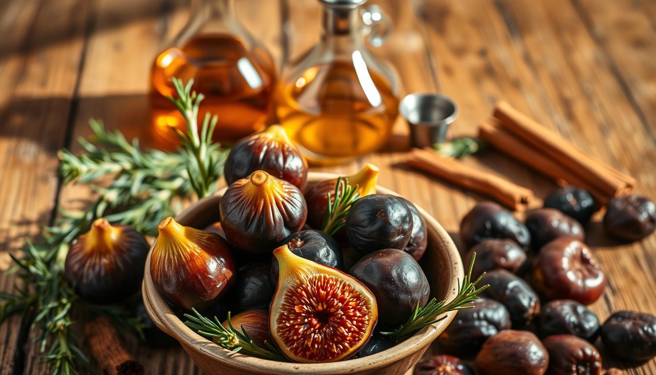 Soaking plump, juicy figs, dates, and prunes in a rich brandy mixture on a rustic wooden table, bathed in soft, natural lighting. In the foreground, the vibrant, glistening fruit sits in a vintage ceramic bowl, surrounded by sprigs of fragrant rosemary and cinnamon sticks. In the middle ground, a glass decanter of aged brandy and a small metal funnel add depth and texture to the scene. The background features a weathered, distressed wooden surface, creating a warm, cozy atmosphere perfect for preparing a traditional British Christmas cake.