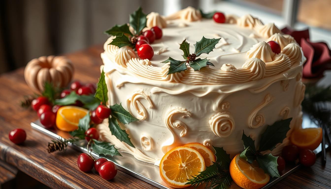 a lavishly decorated British Christmas cake on a wooden table, photographed in natural daylight with a shallow depth of field. The cake is iced with a smooth, white fondant and adorned with intricate piped designs, lush holly sprigs, and shimmering gold leaf accents. Sliced fruit, such as cherries and citrus, are carefully placed around the cake, adding pops of color. The scene evokes a sense of festive elegance, conveying the rich, brandy-infused flavors and traditions of a classic British Christmas cake.
