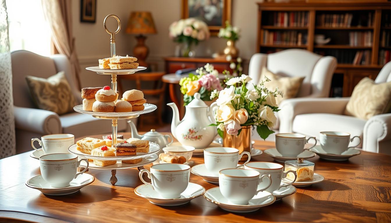 A elegant tea party spread with delicate china teacups, saucers, and plates arranged on a wooden table. In the foreground, a tiered serving stand displays an assortment of mini British tea cakes, scones, and finger sandwiches. Soft natural lighting filters through lace curtains, casting a warm, inviting glow. In the middle ground, a vintage teapot and milk jug sit alongside elegant floral arrangements in pastel hues. The background features a cozy, traditional sitting room setting with plush armchairs and bookshelves. An overall atmosphere of refined sophistication and genteel hospitality pervades the scene.