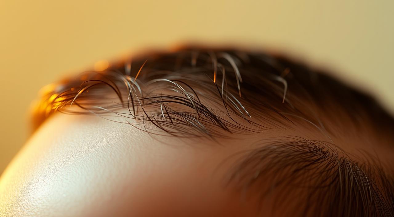 A close-up shot of a healthy, vibrant human scalp with shiny, strong hair strands emerging from the skin. The skin is glowing with a soft, even tone, and the hair follicles are visible, suggesting a well-nourished, resilient scalp. Warm, directional lighting highlights the intricate texture and natural luster of the scalp, creating a sense of depth and dimension. The focus is sharp, drawing the viewer's attention to the delicate balance of hair and skin, conveying a sense of care and attention to scalp health. The overall mood is one of tranquility, wellness, and the beauty of the human body's natural resilience.