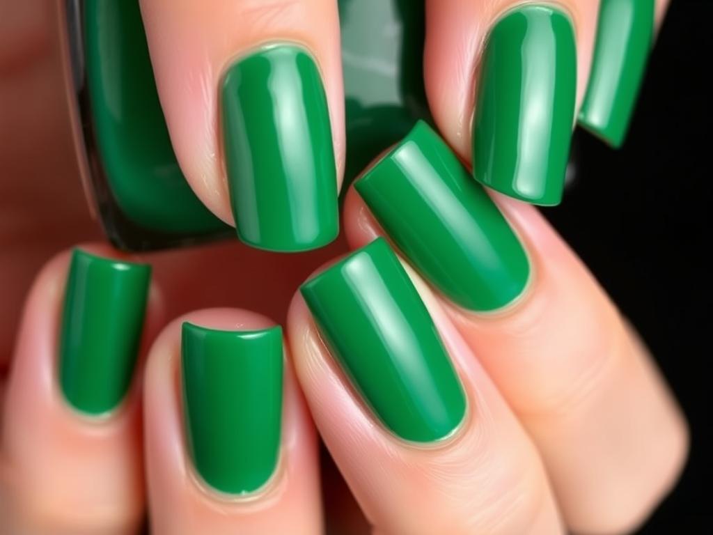 Unhas pintadas com esmalte verde em tom uniforme