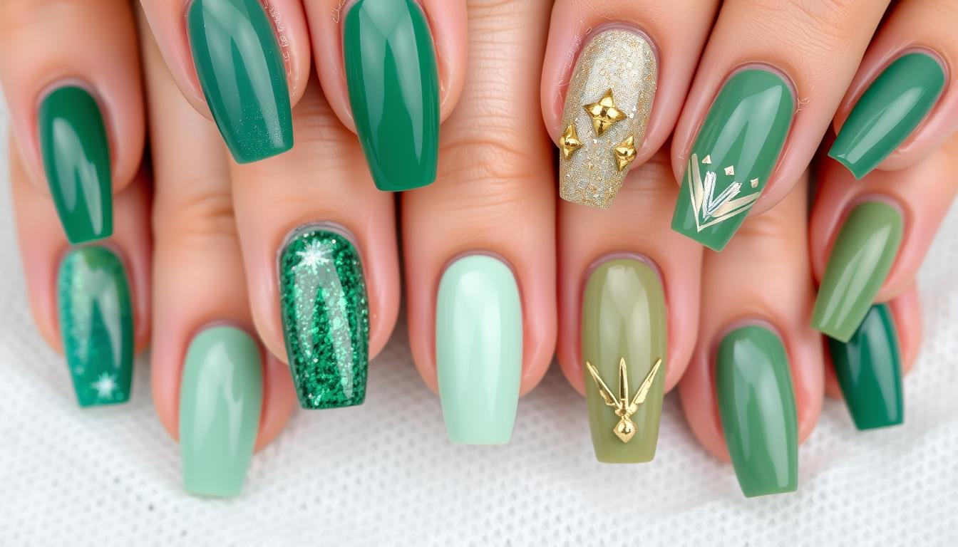Unhas decoradas verdes em diferentes tons e estilos