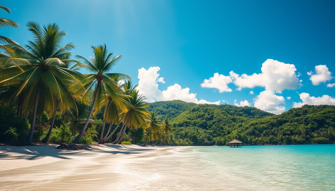 A sun-drenched beach on a lush, tropical Caribbean island in June. In the foreground, crystalline turquoise waters lap gently against the pristine white sand. Tall swaying palm trees line the shore, casting gentle shadows. In the middle ground, verdant hills covered in vibrant green foliage rise in the distance. The sky is a brilliant azure blue, with fluffy white clouds drifting lazily overhead. Warm, golden sunlight bathes the scene, creating a serene, idyllic atmosphere. The overall mood is one of relaxation, tranquility, and the perfect summer escape.