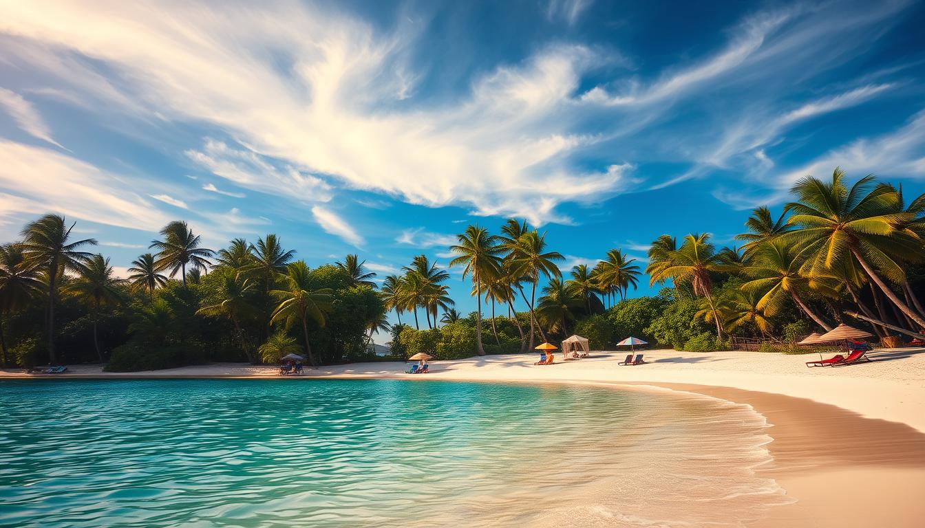 A picturesque Caribbean beach scene in June, with azure waters lapping against pristine white sand. Lush, verdant palm trees sway gently in the warm tropical breeze, casting soft shadows across the tranquil shoreline. In the middle ground, vibrant beach umbrellas dot the landscape, providing pops of color against the serene backdrop. The sky is a magnificent blend of azure and wispy clouds, illuminated by the golden rays of the midday sun. The overall atmosphere exudes a sense of relaxation and escape, inviting the viewer to imagine themselves immersed in this idyllic island paradise.