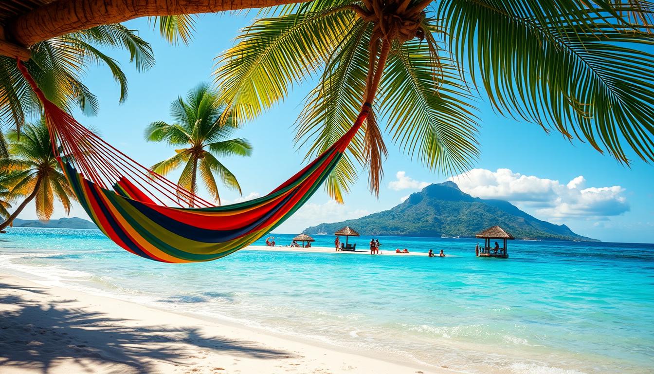 A sun-drenched Caribbean beach, the gentle lapping of azure waves, swaying palm trees casting playful shadows. In the foreground, a colorful hammock sways invitingly, beckoning for a lazy afternoon siesta. The middle ground features a vibrant beach scene - sun-kissed vacationers strolling, sipping tropical cocktails, and building sandcastles. In the distance, a lush, verdant island rises, its peaks shrouded in wispy clouds. The lighting is soft and warm, creating a dreamlike, nostalgic atmosphere. The camera angle is slightly elevated, capturing the serene, idyllic scene in a wide, panoramic shot. An image that perfectly encapsulates the essence of a July Caribbean vacation.