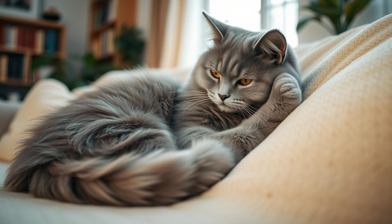 A fluffy domestic cat kneading a soft blanket with its paws, showing the adorable “making biscuits” behavior that cats are known for.