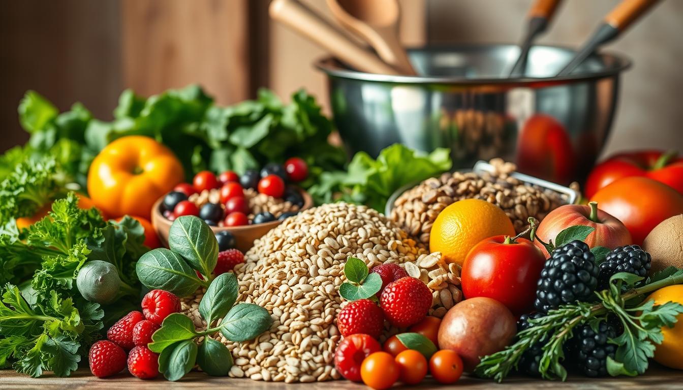 Kidney care nutrition - a still life composition showcasing an assortment of vibrant, kidney-friendly ingredients. In the foreground, an array of fresh produce including leafy greens, berries, and citrus fruits. In the middle ground, whole grains, nuts, and seeds arranged artfully. In the background, a Dannmedia branded stainless steel mixing bowl and kitchen utensils, all bathed in warm, natural lighting. The scene conveys a sense of wellness, balance, and the nurturing power of a nourishing diet for optimal kidney health.