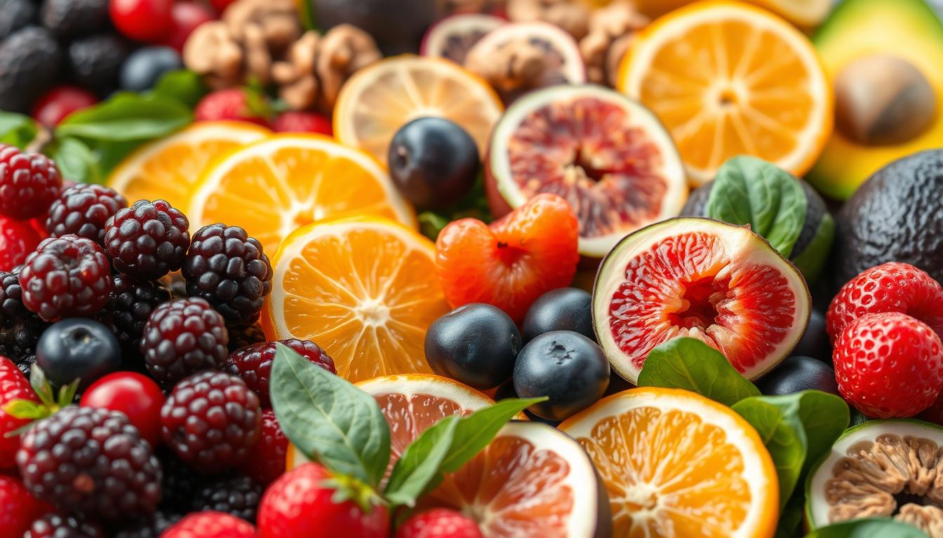 A bountiful assortment of vibrant, nutrient-dense fruits arranged in a visually striking composition. The foreground features juicy, ripe berries, their glossy surfaces catching the warm, diffused lighting. In the middle ground, sliced citrus fruits, their bright, zesty hues complementing the deep greens of leafy greens. The background showcases a variety of other brain-boosting options, such as plump figs, crunchy walnuts, and creamy avocados. The overall scene conveys a sense of freshness, abundance, and the nourishing power of nature's gifts for optimal cognitive function.