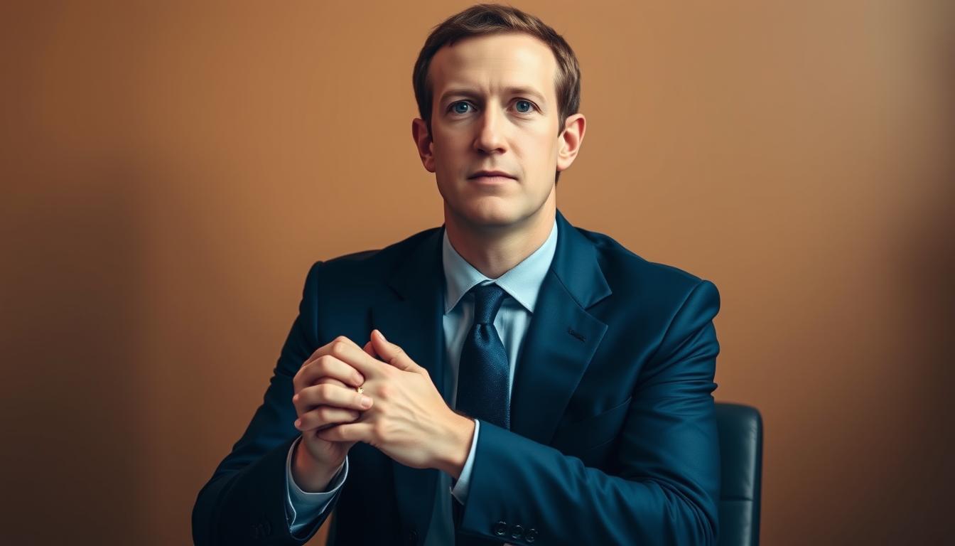 A portrait of Mark Zuckerberg, the visionary founder of Facebook, in a thoughtful, pensive pose. He is seated at a desk, dressed in a crisp, navy blue suit and tie, with his hands clasped in front of him. The lighting is soft and directional, creating subtle shadows that accentuate the contours of his face. The background is a warm, neutral tone, placing the focus entirely on Zuckerberg's penetrating gaze and determined expression. The overall mood is one of contemplation and authority, reflecting his role as the driving force behind the world's largest social network.