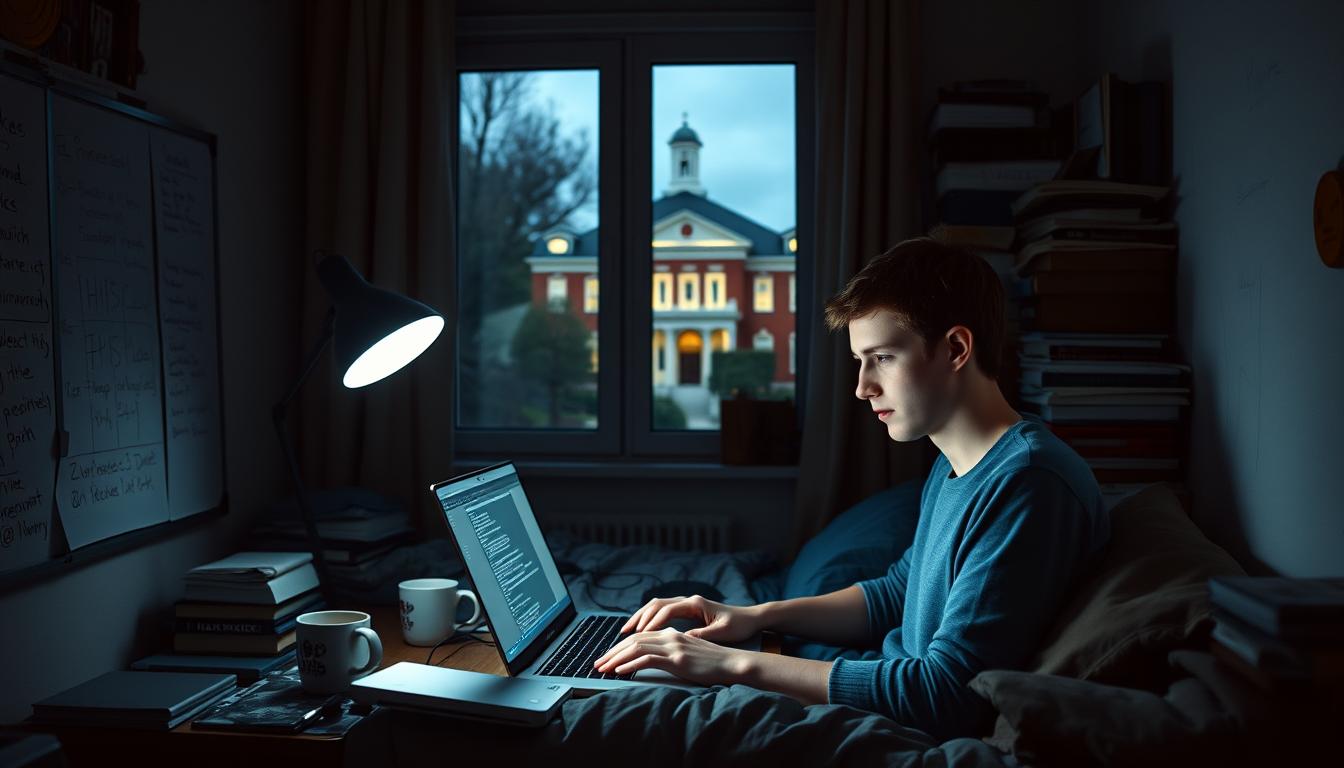 A cozy dorm room at Harvard University, dimly lit by a single desk lamp. In the foreground, a young Mark Zuckerberg, his face illuminated by the glow of a laptop screen, intently focused on coding. Surrounding him, the trappings of a creative mind - whiteboards covered in scribbles, stacks of books, and cups of coffee. In the background, a window offers a glimpse of the iconic Harvard campus, hinting at the world-changing ideas taking shape within these four walls. The scene exudes a sense of determination, innovation, and the early stirrings of a technological revolution that would go on to reshape social connections globally.