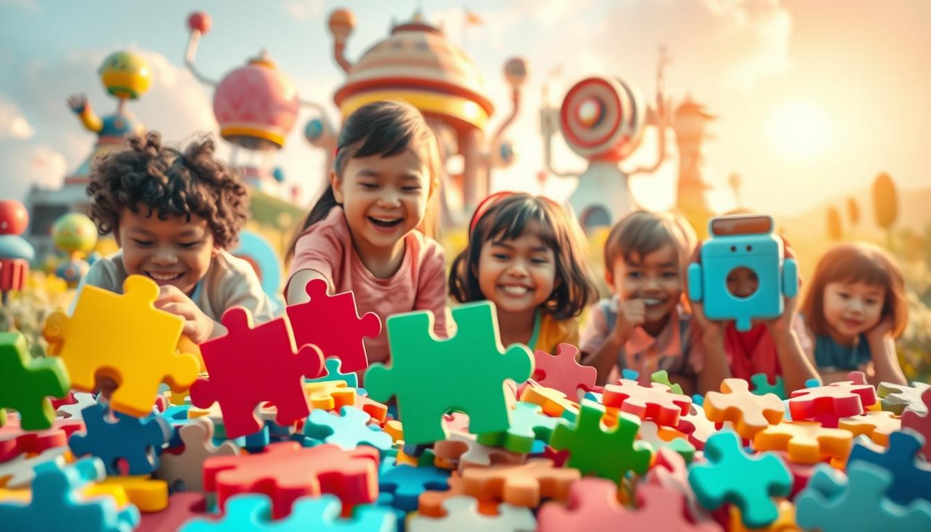 A vibrant, playful scene of android puzzle games for kids. In the foreground, a collection of brightly colored puzzle pieces float and dance, inviting young hands to manipulate and solve them. The middle ground features a group of happy, diverse children engaged with the puzzles, their expressions filled with concentration and delight. The background showcases a whimsical android landscape, with futuristic structures and devices hinting at the technological marvels that power these educational games. The scene is bathed in warm, gentle lighting that enhances the welcoming, imaginative atmosphere. Captured with a wide-angle lens to convey a sense of openness and boundless potential for learning and exploration.