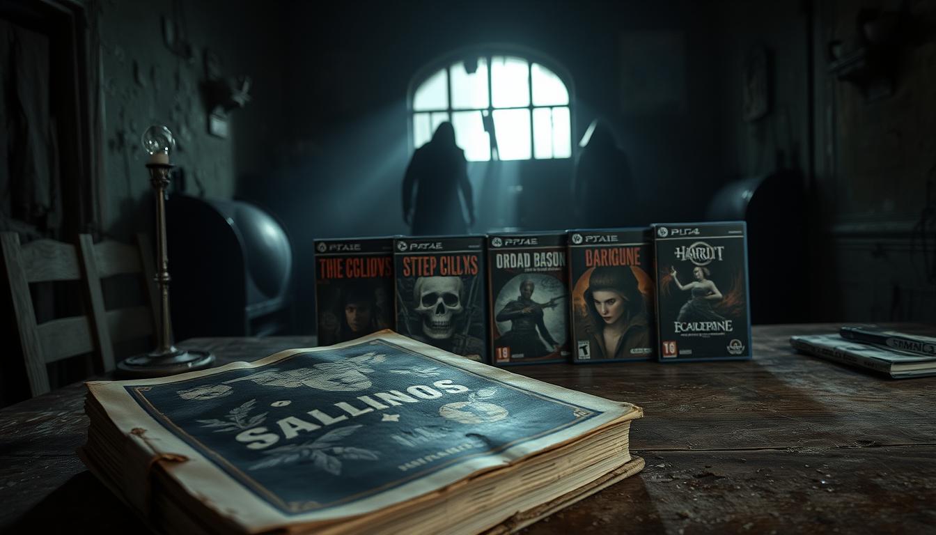 A gloomy, atmospheric scene of survival horror exploration titles. In the foreground, a tattered book with a spine-chilling cover design sits atop a weathered table, hinting at the mysteries within. Behind it, shadowy figures lurk in the dim, flickering light, evoking a sense of unease and the unknown. The middle ground features a collection of vintage game cases, each with a unique and unsettling artwork that promises a harrowing journey. In the background, a dimly lit, dilapidated room sets the stage, with crumbling walls and eerie shadows that suggest a world on the brink of collapse. The overall composition conveys a sense of isolation, suspense, and the thrill of uncovering the secrets of these indie horror exploration gems.