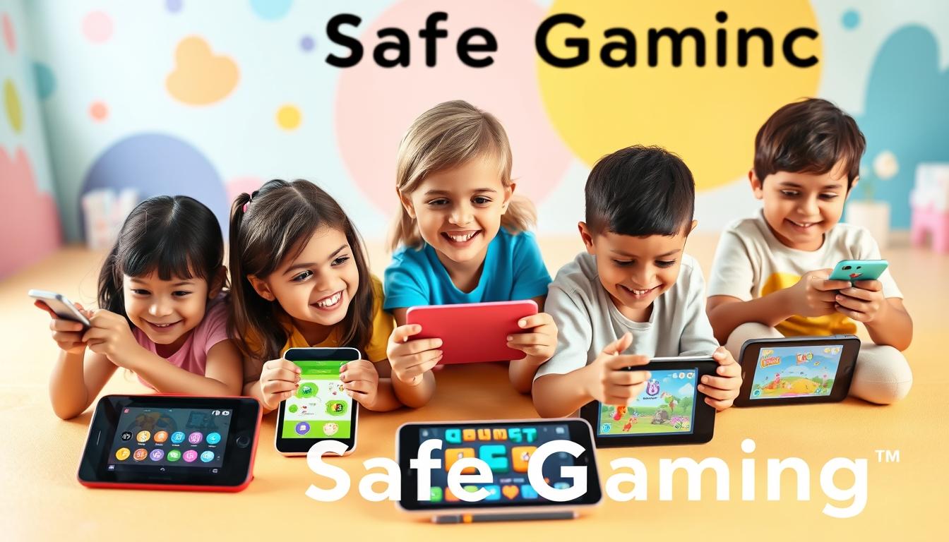 A playful, vibrant scene depicting a variety of safe, engaging mobile games for children. In the foreground, a group of diverse, smiling kids tap and swipe on colorful, age-appropriate game screens, their faces lit by soft, warm lighting. In the middle ground, a variety of mobile devices are displayed, showcasing parental control features and kid-friendly user interfaces. The background features a whimsical, pastel-toned environment with playful graphics and shapes, conveying a sense of creativity and imagination. The overall mood is one of joy, security, and educational enrichment, reflecting the "Safe Gaming" theme.