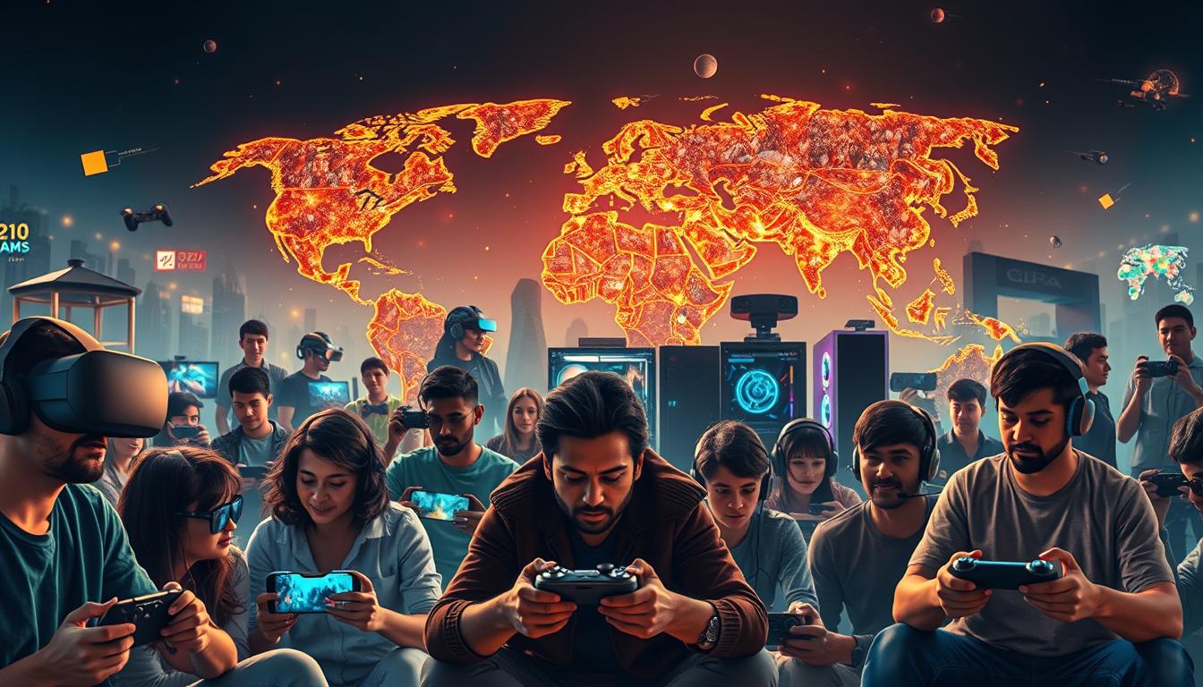 A vibrant, global gaming landscape with diverse players, platforms, and experiences. In the foreground, gamers from different cultures and backgrounds engage in a variety of gameplay, from virtual reality to mobile titles. The middle ground showcases a rich tapestry of gaming hardware, from consoles to PC rigs, illuminated by a soft, warm light. In the background, a world map glows with pulsing data visualizations, highlighting the worldwide reach and influence of the gaming industry. The composition conveys a sense of interconnectedness, innovation, and the truly global nature of the gaming phenomenon.