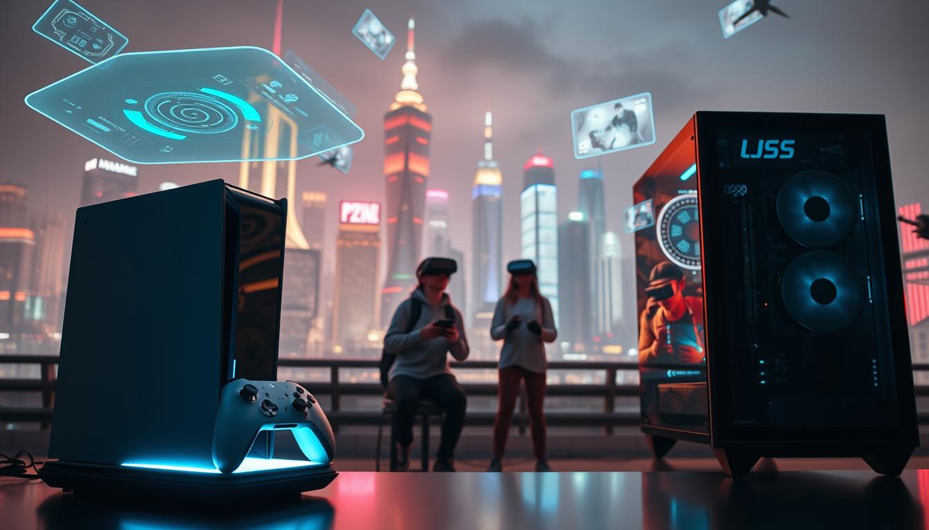 A technologically advanced gaming scene with a futuristic cityscape in the background. In the foreground, a sleek gaming console and a high-performance gaming PC emit a soft, ambient glow. Floating holographic interfaces and glowing peripherals hover around them, showcasing the latest innovations in gaming technology. The middle ground features a group of gamers deeply immersed in a virtual reality experience, their movements precisely tracked by cutting-edge motion sensors. The background skyline is illuminated by neon-lit skyscrapers and floating advertisement holograms, hinting at the pervasive influence of gaming in this futuristic world. Cinematic lighting and a sense of depth create a visually stunning and immersive atmosphere.