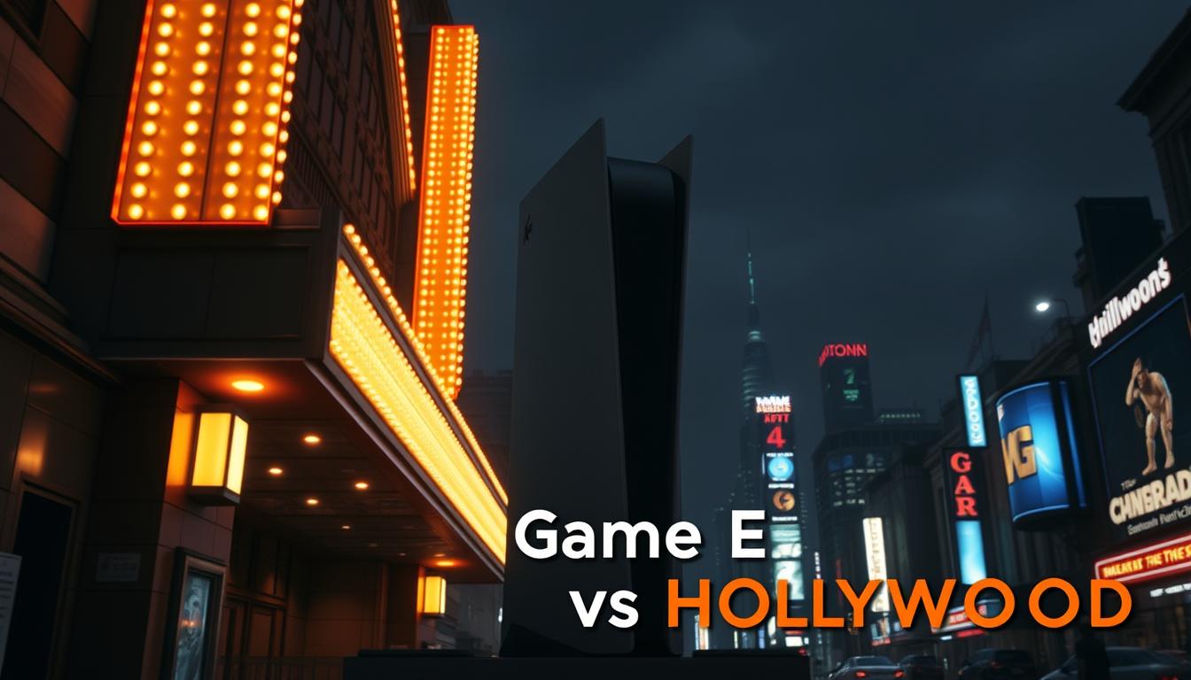 A large, imposing movie theater facade dominates the foreground, its marquee lights flickering, drawing the eye. In the middle ground, a towering video game console emerges, its sleek, modern design a stark contrast. The background fades into a cityscape, skyscrapers and neon signs suggesting the vibrant world of gaming. The lighting is dramatic, with deep shadows and highlights that accentuate the scale and power of the two industries. The composition is balanced, with the theater and console occupying equal visual weight, hinting at the competitive nature of the subject. The mood is one of tension and excitement, capturing the essence of the &quot;Video Game Revenue vs Hollywood&quot; narrative.
