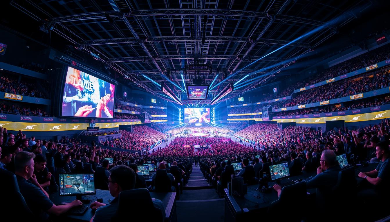A vast, brightly lit esports arena filled with tiered rows of spectators, their faces illuminated by the glow of giant screens showcasing the intense, fast-paced action of a competitive video game tournament. In the foreground, professional gamers sit before their high-performance gaming rigs, fingers dancing across keyboards and mice as they strategize and react with lightning-quick reflexes. The middle ground is a sea of energy, with the crowd's cheers and applause reverberating through the cavernous space, creating an electric atmosphere of excitement and anticipation. In the background, the arena's sleek, futuristic architecture and state-of-the-art lighting rig create a visually stunning backdrop, reflecting the cutting-edge, high-tech nature of the esports industry.