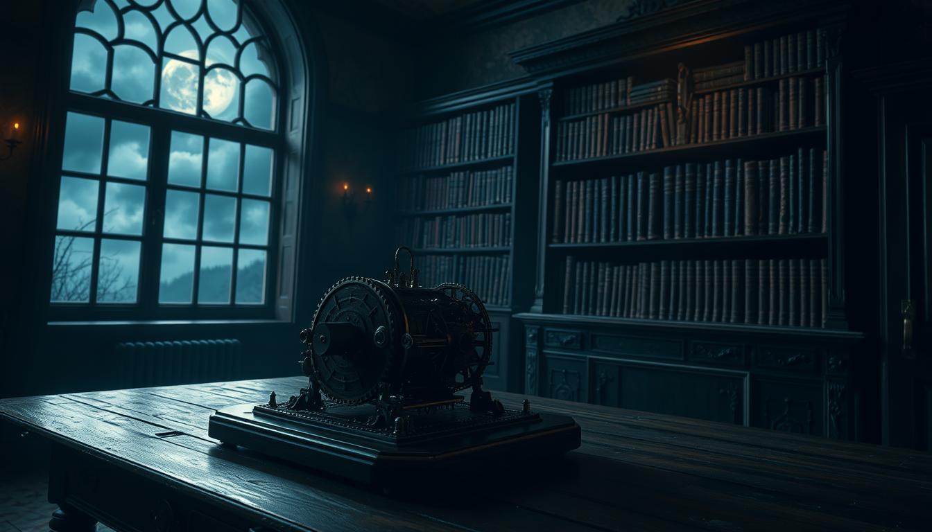 A dimly lit, moody interior of an old manor, shrouded in mystery and suspense. In the foreground, an elaborate mechanical puzzle device sits on a wooden table, its intricate gears and mechanisms casting ominous shadows. The middle ground features a bookshelf filled with ancient tomes, hinting at arcane knowledge. Tall windows in the background reveal a stormy, moonlit night sky, creating an unsettling atmosphere. The lighting is dramatic, with pools of light and shadow, emphasizing the sense of unease and impending danger. The overall scene evokes a sense of intelligence and sophistication, blending horror, mystery, and the need to solve complex puzzles to uncover the secrets of this foreboding environment.