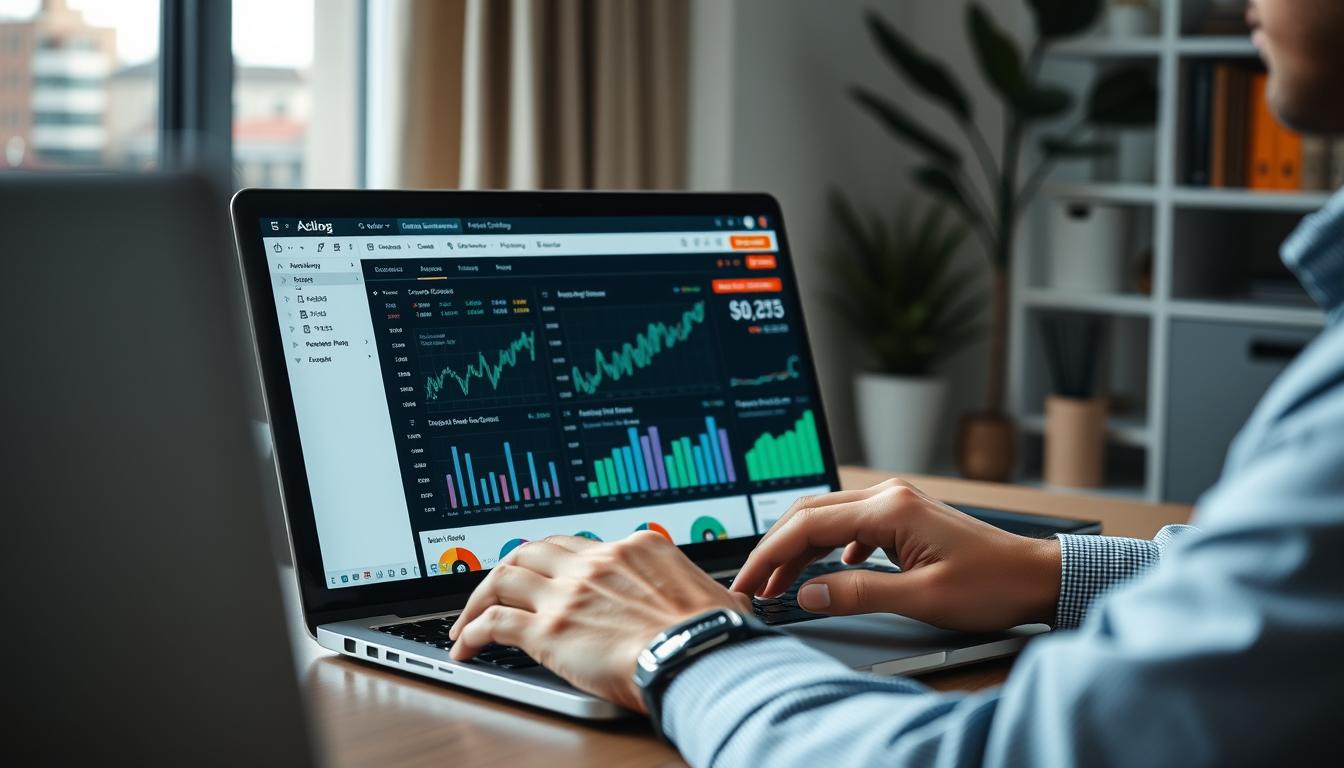 Person making money online blogging on laptop with income charts