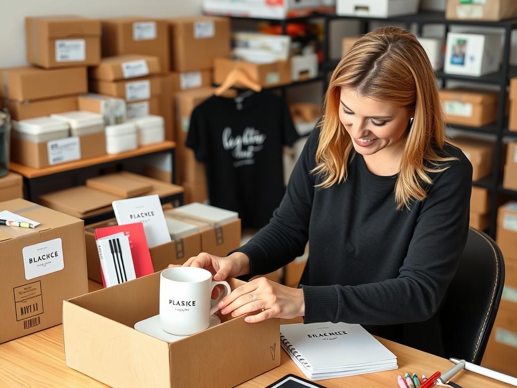 Blogger packaging branded merchandise for shipping