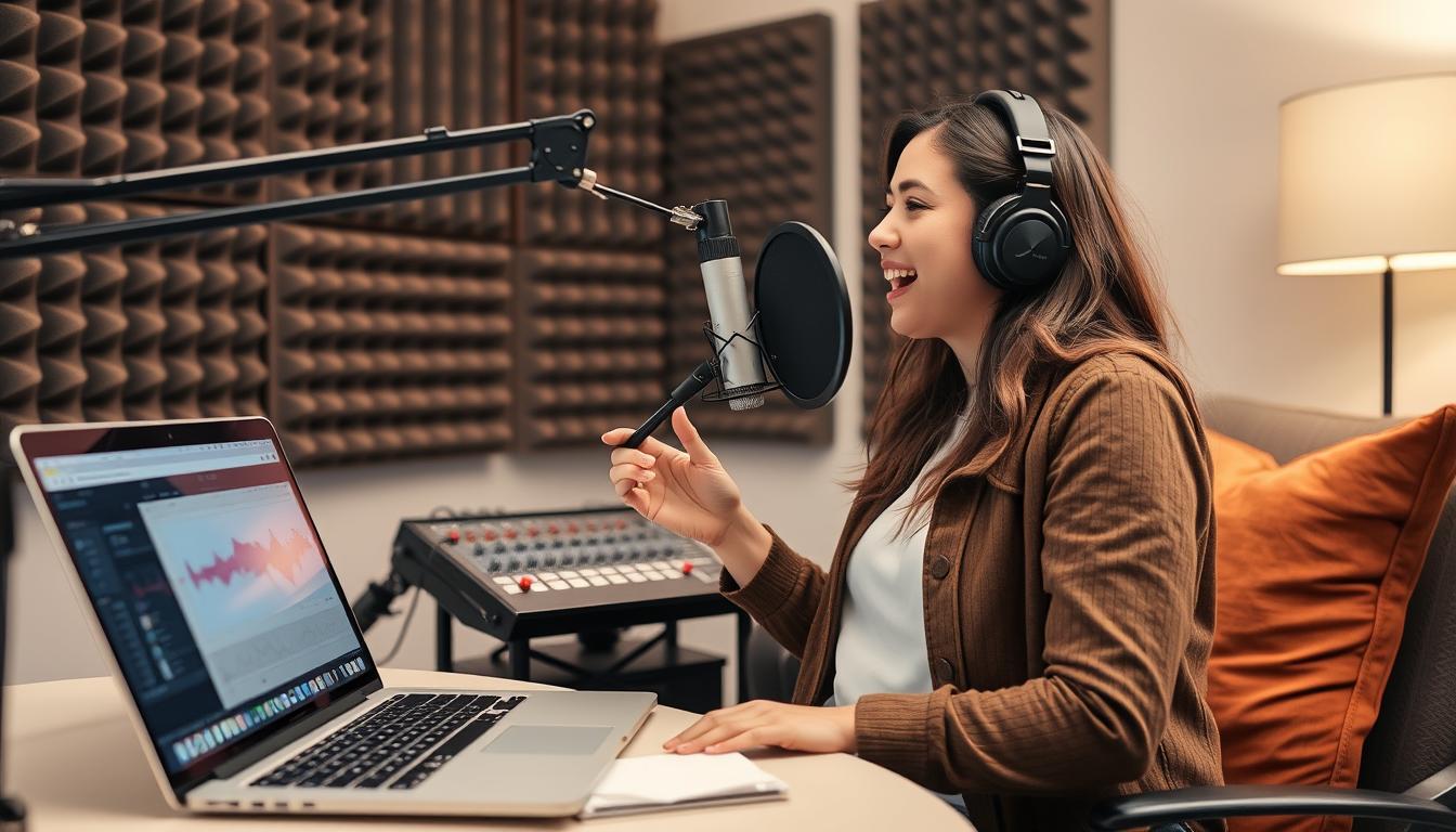 Blogger recording podcast with professional equipment