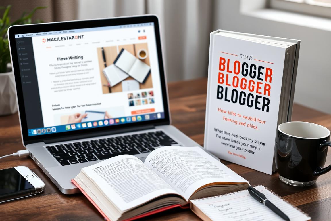 Blogger's published book displayed with blog on screen