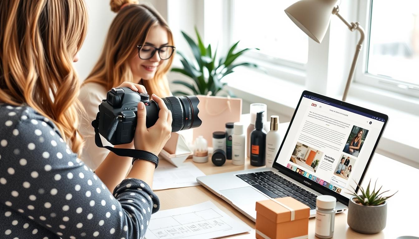 Blogger creating sponsored content with brand products