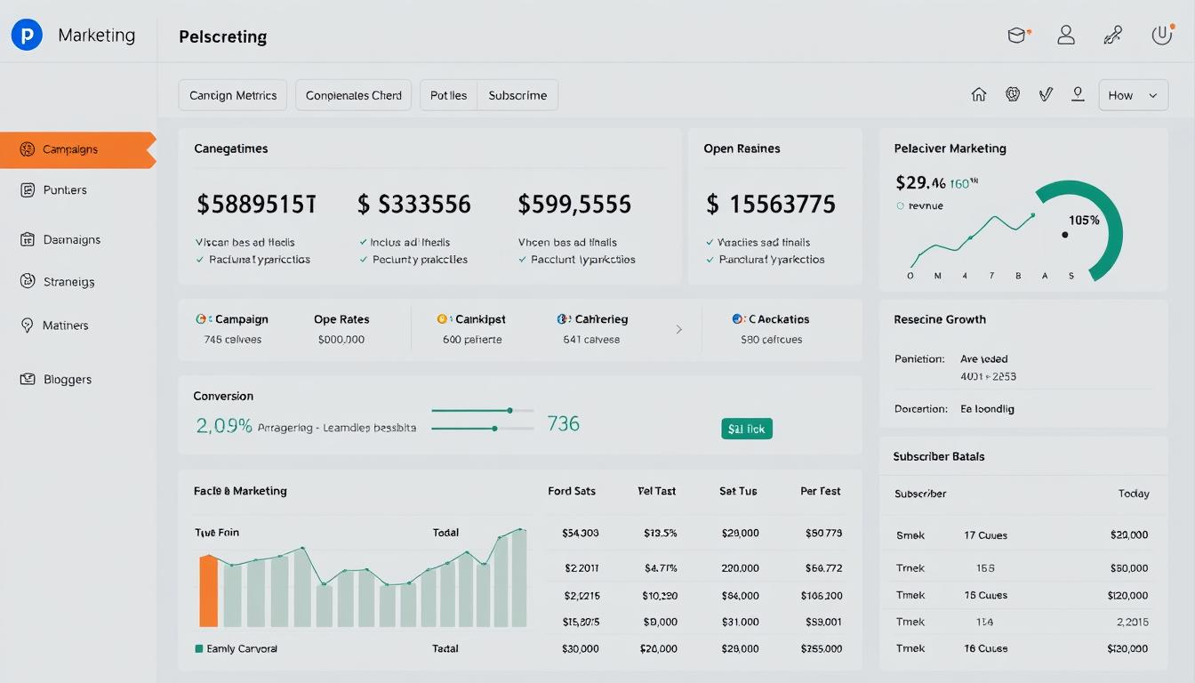 Email marketing campaign dashboard showing open rates and revenue