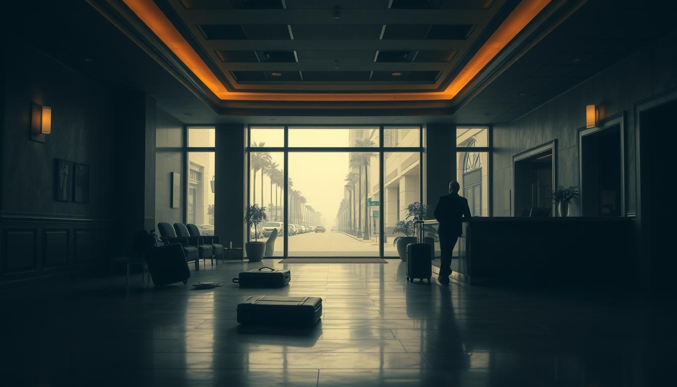 A dimly lit hotel lobby, the once-bustling space now eerily quiet. Scattered suitcases and a lone receptionist stare out at a desolate street outside, the once-vibrant tourism industry reduced to a ghost town. Muted colors and soft shadows convey the somber mood, a stark contrast to the energy and liveliness that would have filled this space before the pandemic. The camera angle is low, emphasizing the vastness of the empty space and the sense of isolation. An ominous, almost dystopian atmosphere pervades the scene, highlighting the devastating impact of COVID-19 on the U.S. tourism industry.