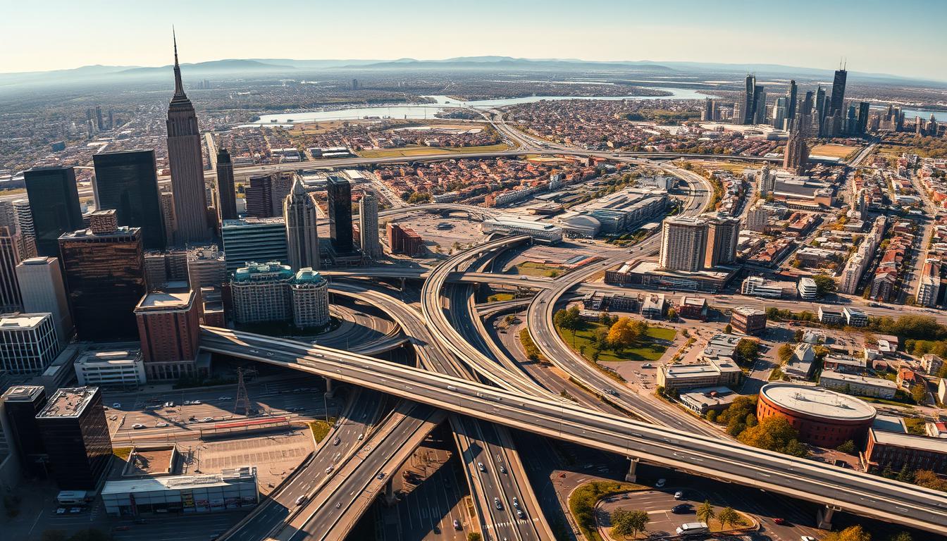 A panoramic aerial view of a bustling U.S. city, with skyscrapers and highways cutting through the urban landscape. In the foreground, a network of roads and bridges is bustling with cars and buses, representing the flow of domestic tourism. In the middle ground, a vibrant downtown area with hotels, restaurants, and tourist attractions is visible. The background is filled with suburban neighborhoods and rolling hills, indicating the diverse range of destinations within the country. The scene is bathed in warm, golden light, creating a sense of energy and optimism. The overall composition conveys the scale, dynamism, and multifaceted nature of domestic tourism in the United States.