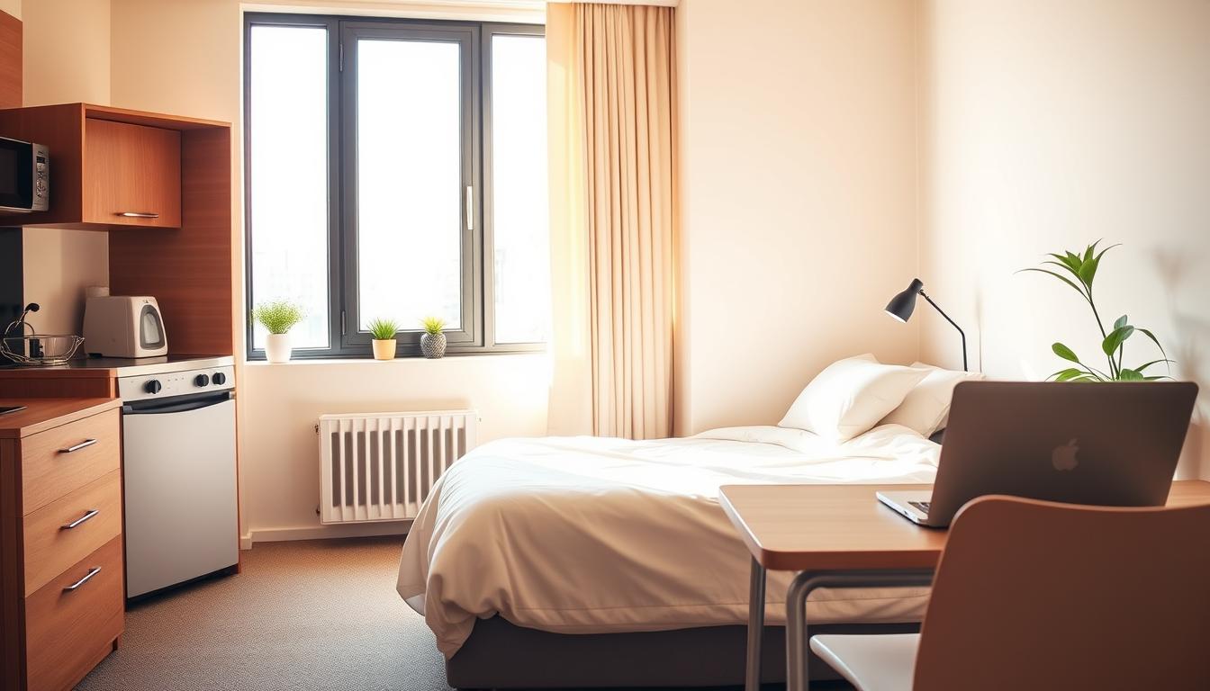 A cozy studio apartment with a compact kitchenette and a neatly made twin-size bed, illuminated by warm, natural lighting from a large window. In the foreground, a budget-friendly nightstand and a simple desk with a laptop, exemplifying the essentials for a traveling nurse's temporary abode. The background showcases a minimalist decor, with neutral-toned walls and a few potted plants, creating a serene and affordable living space.