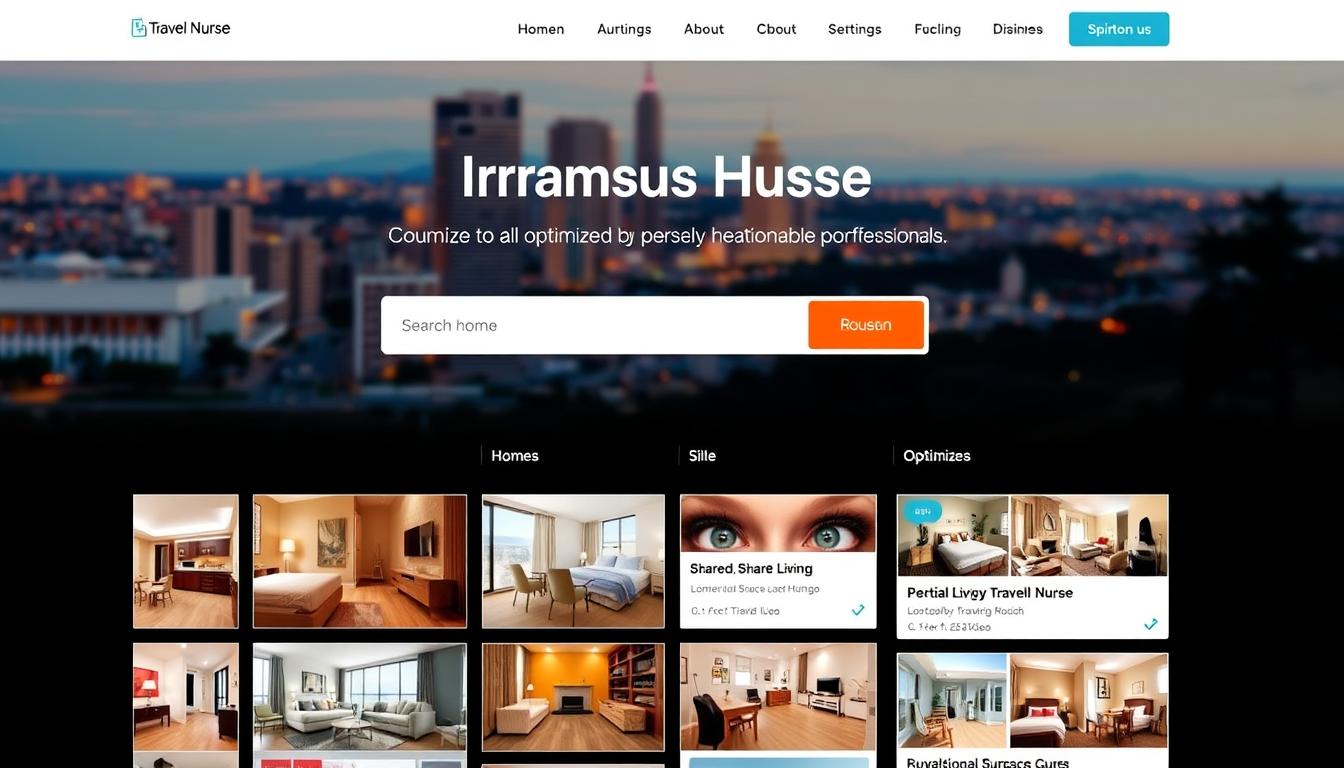 A modern, clean website interface showcasing an array of travel nurse housing options. In the foreground, a grid of thumbnail images depicting various rental properties, apartments, and shared living spaces, all optimized for the needs of traveling healthcare professionals. The middle ground features a search bar, filtering tools, and detailed property listings, bathed in a warm, inviting lighting. The background depicts a city skyline or serene natural landscape, hinting at the diverse locations and settings available for traveling nurses. The overall atmosphere conveys a sense of ease, efficiency, and the promise of finding the perfect temporary home away from home.
