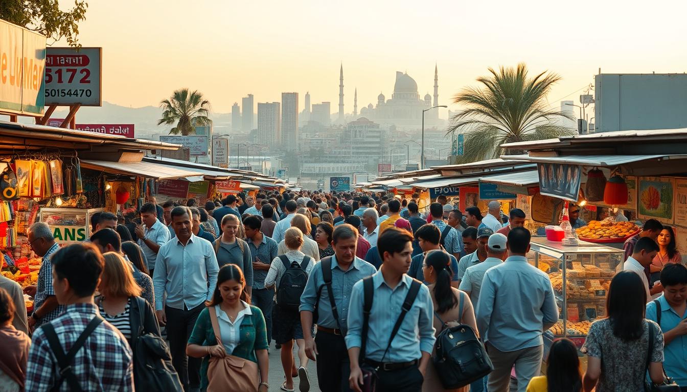 A bustling tourism market analysis scene, captured with a wide-angle lens. In the foreground, a diverse array of travelers - businesspeople, families, and solo adventurers - navigate the bustling marketplace, examining local wares and negotiating prices. The middle ground showcases vibrant stalls and vendors, each offering a unique experience, from handcrafted souvenirs to regional delicacies. In the background, a panoramic view of the city skyline, with iconic landmarks silhouetted against a warm, golden-hour sky. The scene is illuminated by a soft, diffused lighting, creating a sense of energy and vitality. The overall atmosphere conveys the dynamic, interconnected nature of the tourism industry, a visual representation of the "Tourism Sectors Performance Analysis."