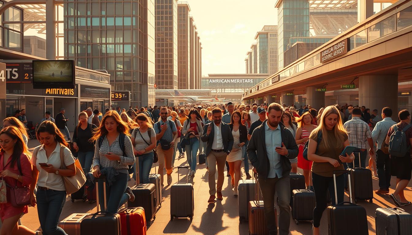 A sun-drenched scene of bustling American airports, with travelers rushing through security checkpoints, dragging wheeled suitcases and backpacks. In the middle ground, a diverse array of people - families, business executives, and solo adventurers - pause to consult their phones and flight itineraries. The background is a panorama of towering glass-and-steel terminals, their facades reflecting the vibrant atmosphere of the arrivals and departures. Warm, directional lighting casts a golden glow, evoking a sense of excitement and anticipation for the journeys ahead. The overall impression is one of the dynamic, ever-evolving nature of American travel demand, with people of all backgrounds and interests navigating the hubs of the nation's air transportation network.