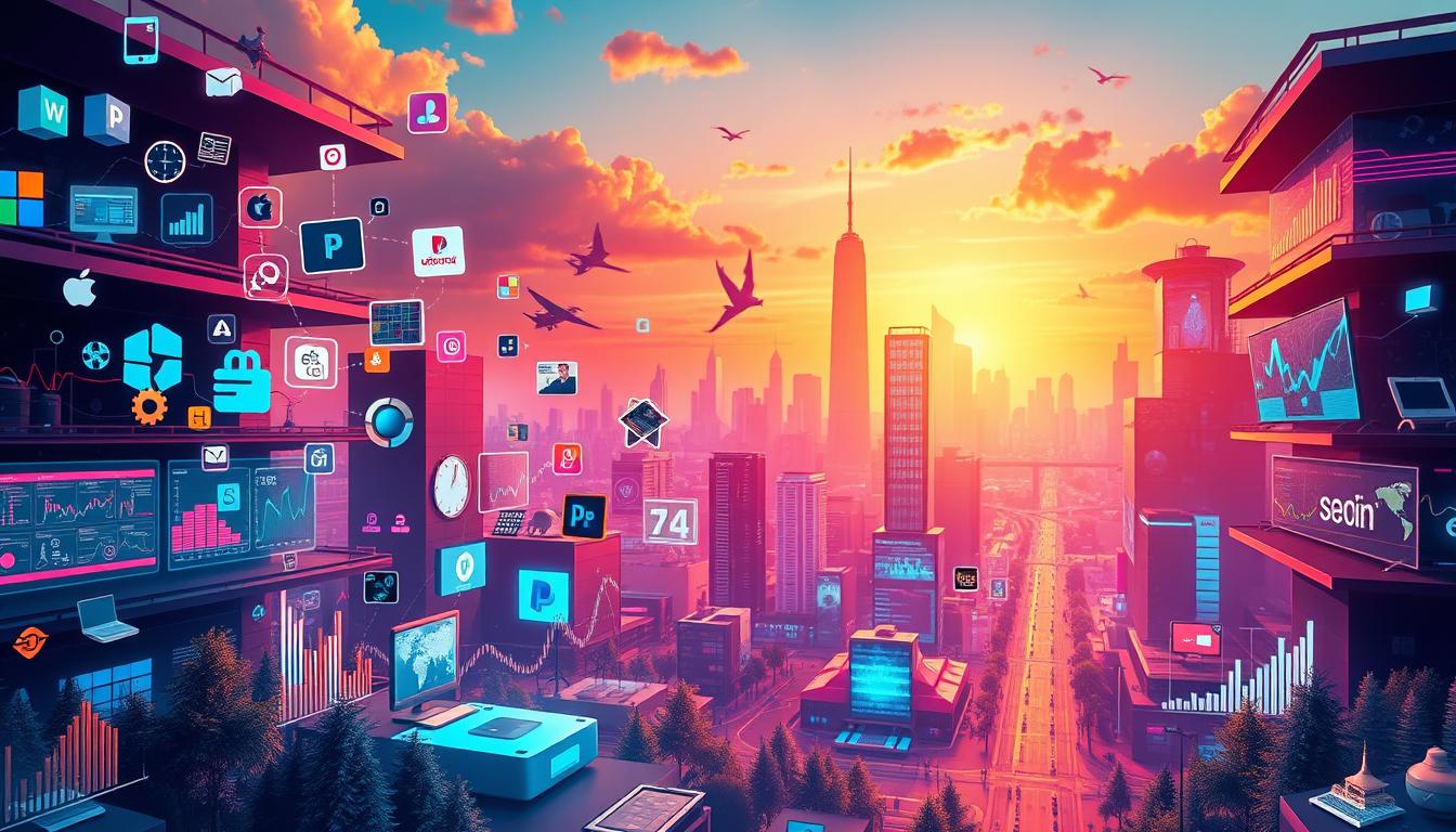 A bustling digital marketplace, with various software icons, digital devices, and infographic elements floating amidst a vibrant, futuristic landscape. The scene is bathed in a warm, sunset-like glow, creating a sense of growth, innovation, and limitless potential. In the foreground, dynamic data visualizations and charts showcase the exponential rise of the digital products industry, while in the background, towering skyscrapers and a cityscape hint at the global scale of this thriving market. The composition is crisp, detailed, and dynamic, capturing the essence of the digital products market and its continuous evolution.