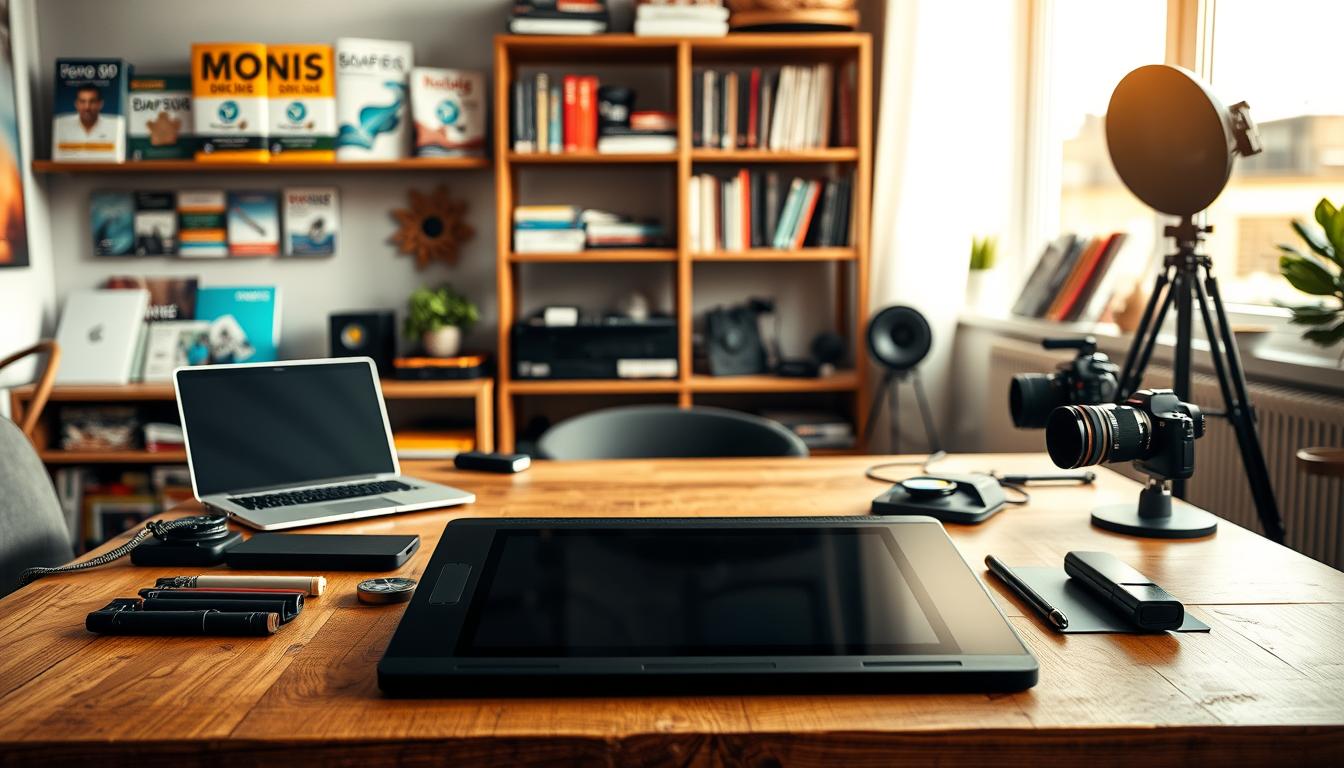 A brightly lit studio workspace with a wooden table in the foreground, showcasing a variety of digital product creation tools. In the middle ground, a sleek laptop, a graphics tablet, and a professional-grade camera. In the background, shelves displaying software packages, design books, and other creative resources. The lighting is warm and natural, creating a productive and inspirational atmosphere. The overall composition emphasizes the essential tools and technologies needed for crafting high-quality digital products.