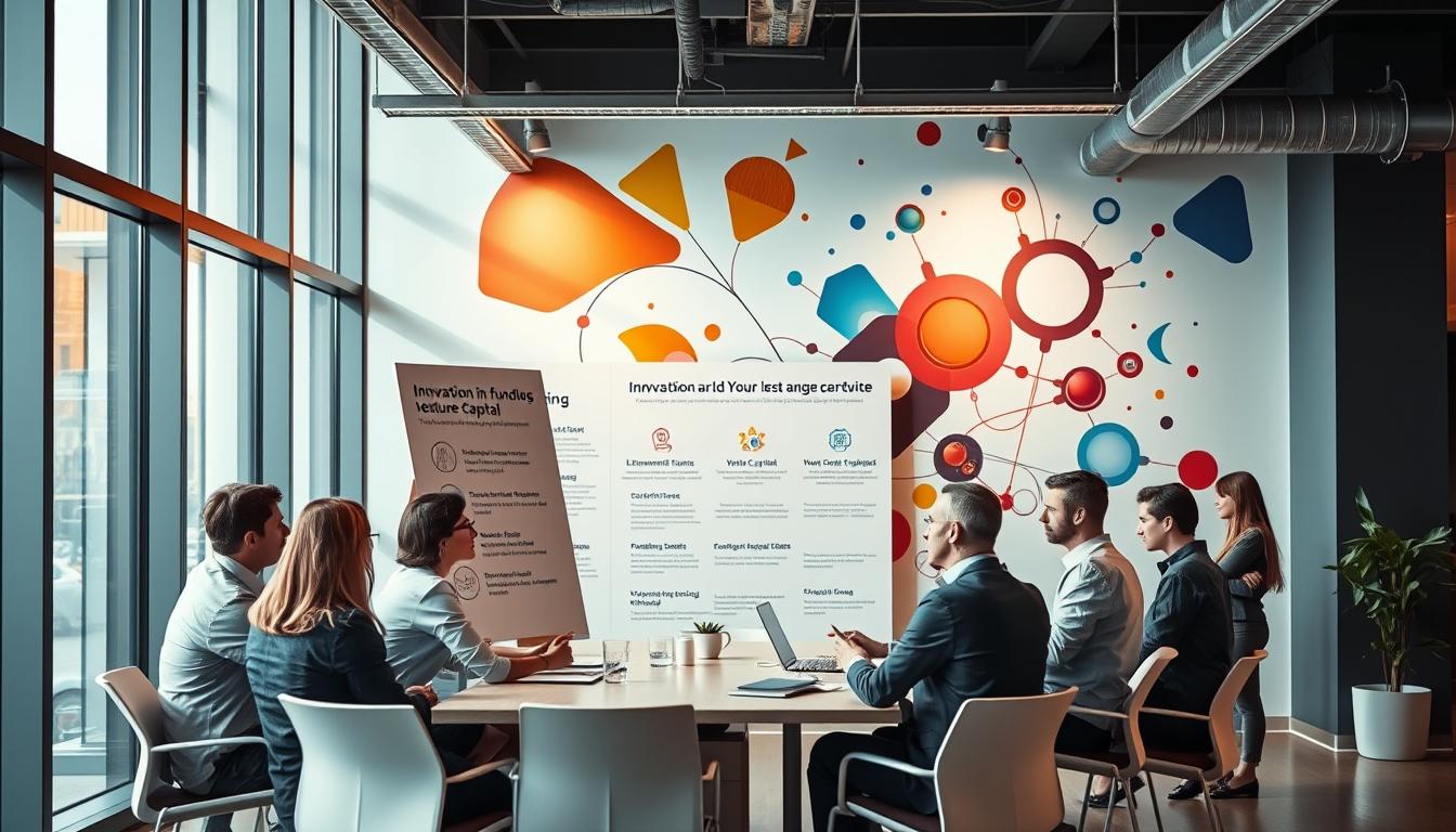 A sleek, modern office interior with large windows bathed in warm, natural light. In the foreground, a group of business people engaged in a collaborative discussion around a conference table, their faces animated with ideas. In the middle ground, a display board showcases various innovation funding options, including government grants, venture capital, and crowdsourcing platforms. The background features an abstract mural depicting the flow of ideas and capital, with bold geometric shapes and a vibrant color palette. The overall atmosphere conveys a sense of dynamic progress and intellectual energy, reflecting the vitality of the French innovation landscape.