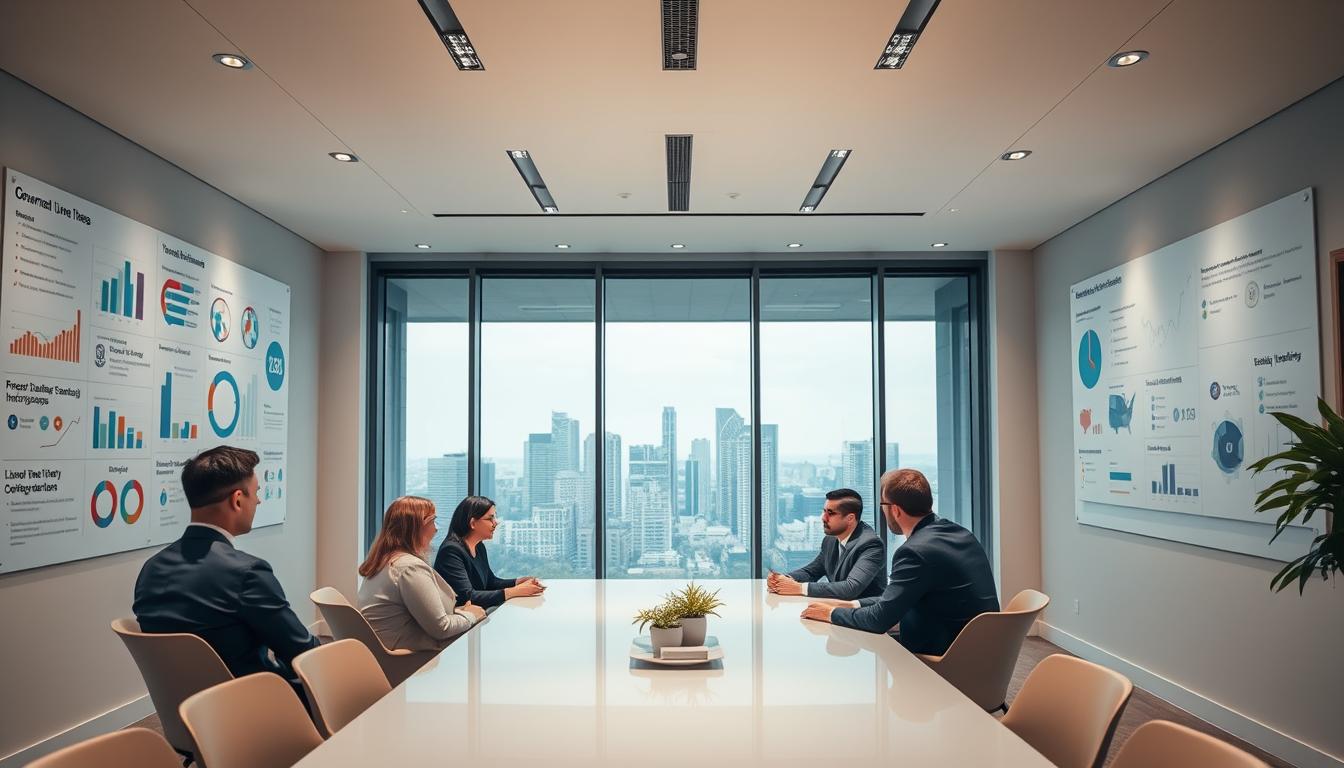A modern, well-lit office interior with clean lines and minimalist decor. In the foreground, a group of professionals in business attire sit around a sleek conference table, engaged in a discussion. On the walls, infographics and data visualizations depict various government funding programs and initiatives supporting innovation. The middle ground features floor-to-ceiling windows overlooking a cityscape, hinting at the broader public and economic context. The lighting is a balanced mix of natural daylight and subtle, indirect artificial illumination, creating a professional yet inviting atmosphere. The overall tone conveys a sense of collaboration, progress, and the critical role of public investment in driving innovation.