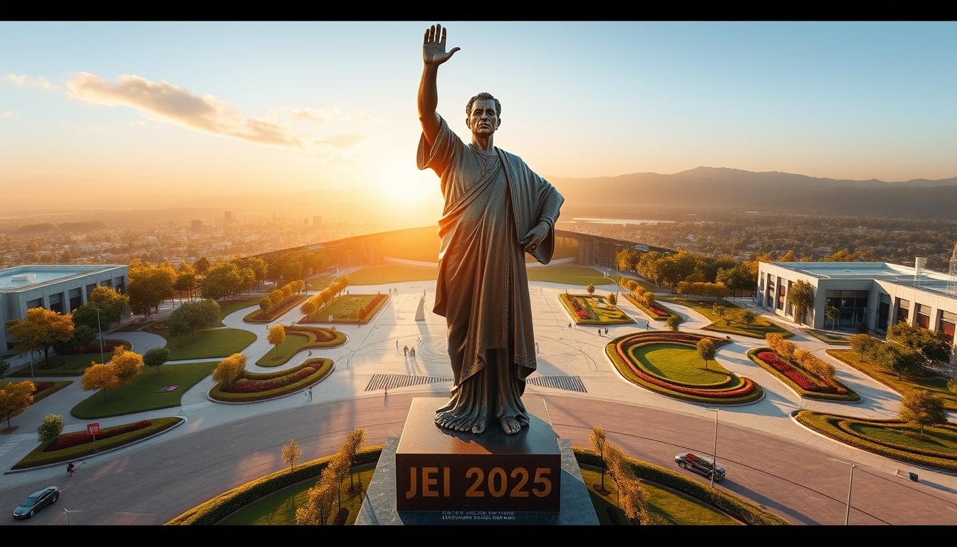 A majestic bronze statue stands tall in a serene public square, its intricate details glimmering under the warm glow of the afternoon sun. The figure, representing the embodiment of the "JEI 2025" initiative, is depicted in a heroic pose, one hand raised in a gesture of empowerment, the other clutching a symbol of progress and innovation. The statue's expression is one of determination and vision, capturing the essence of the transformative changes the JEI program aims to bring about. The surrounding landscape features lush greenery, winding pathways, and a well-designed urban landscape, creating a harmonious and inspiring environment that complements the central artwork. The overall scene conveys a sense of optimism, progress, and the promising future of the JEI initiative.