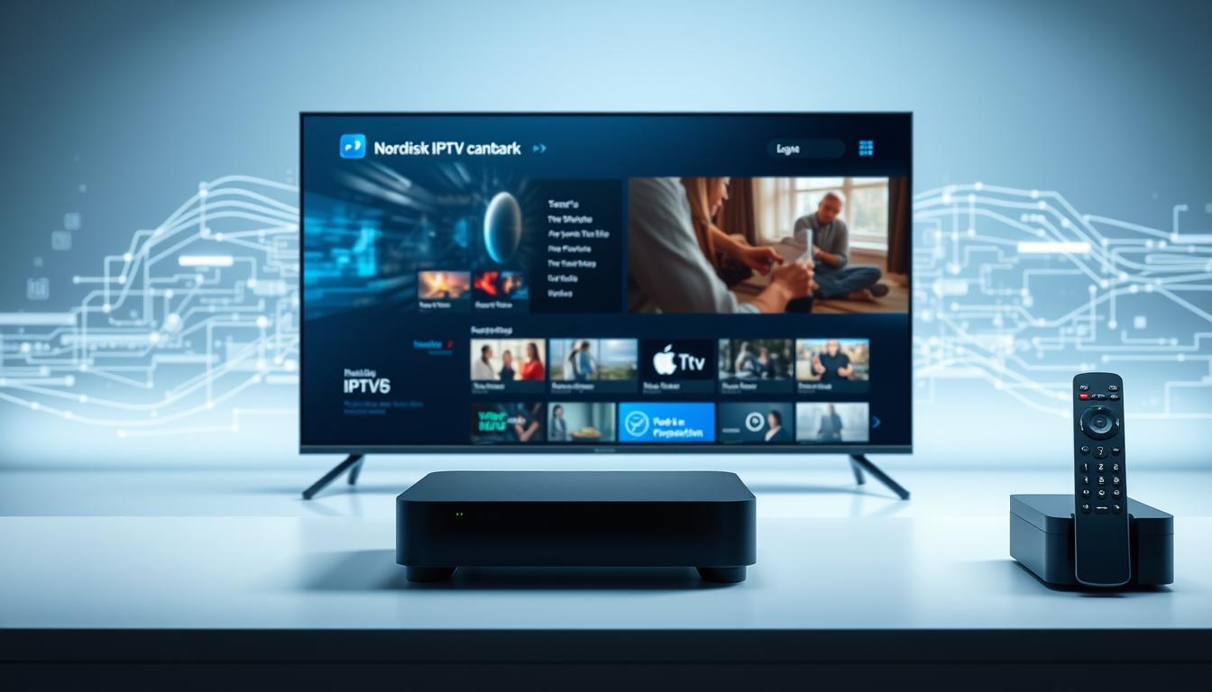 A high-tech visualization of Nordisk IPTV-teknologi, a cutting-edge streaming platform. In the foreground, sleek set-top boxes and remote controls in a minimalist Nordic design showcase the user-friendly hardware. The middle ground features a holographic display showcasing Real Stream IPTV's intuitive interface, with crisp graphics and seamless navigation. In the background, an abstract data visualization pulses with the flow of digital content, representing the robust infrastructure powering this innovative IPTV solution. The scene is bathed in cool, natural lighting, conveying a sense of modernity and efficiency. The overall mood is one of advanced technology seamlessly integrated into a Scandinavian aesthetic.