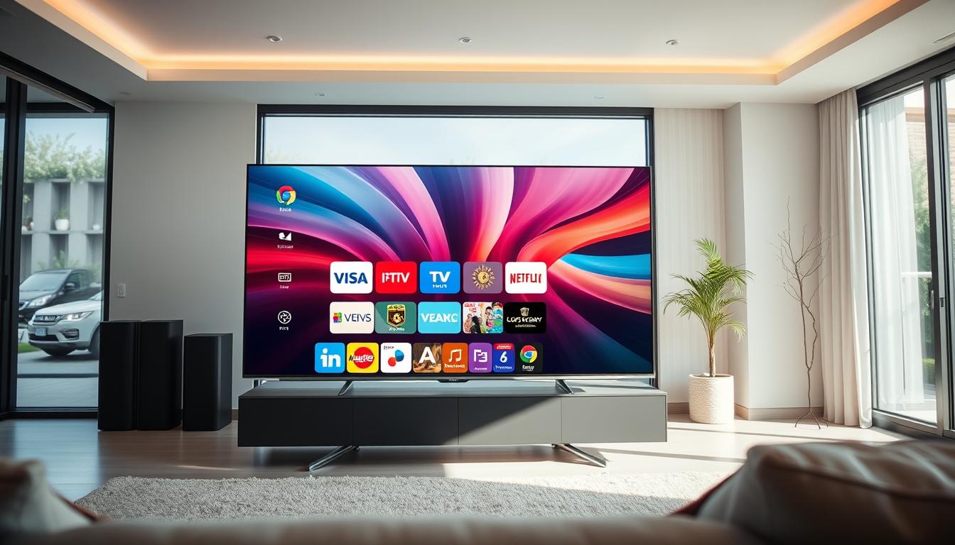 A sleek, modern home entertainment system displaying a vibrant IPTV interface. The screen shows a crisp, high-definition image with excellent color accuracy and low latency, indicating a high-quality IPTV service. The setup is framed by a minimalist, neutral-toned living room with large windows allowing natural light to flood the space. Soft, diffused lighting from overhead fixtures creates a warm, inviting atmosphere. The angle is slightly elevated, providing a clear, unobstructed view of the display. The composition emphasizes the clarity and visual fidelity of the IPTV experience, conveying the sense of an immersive, premium streaming solution.