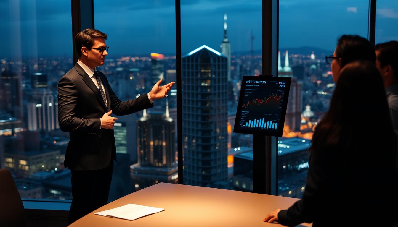 A professional consultant in innovation financing, dressed in a sharp suit, stands in a modern office setting with floor-to-ceiling windows overlooking a bustling city skyline. Confident and poised, they gesture towards a sleek touchscreen display, presenting financial data and investment strategies to a group of attentive clients. Subtle lighting casts dramatic shadows, emphasizing the consultant's authoritative presence. The overall scene conveys a sense of expertise, innovation, and the high-stakes world of securing funding for groundbreaking ideas.