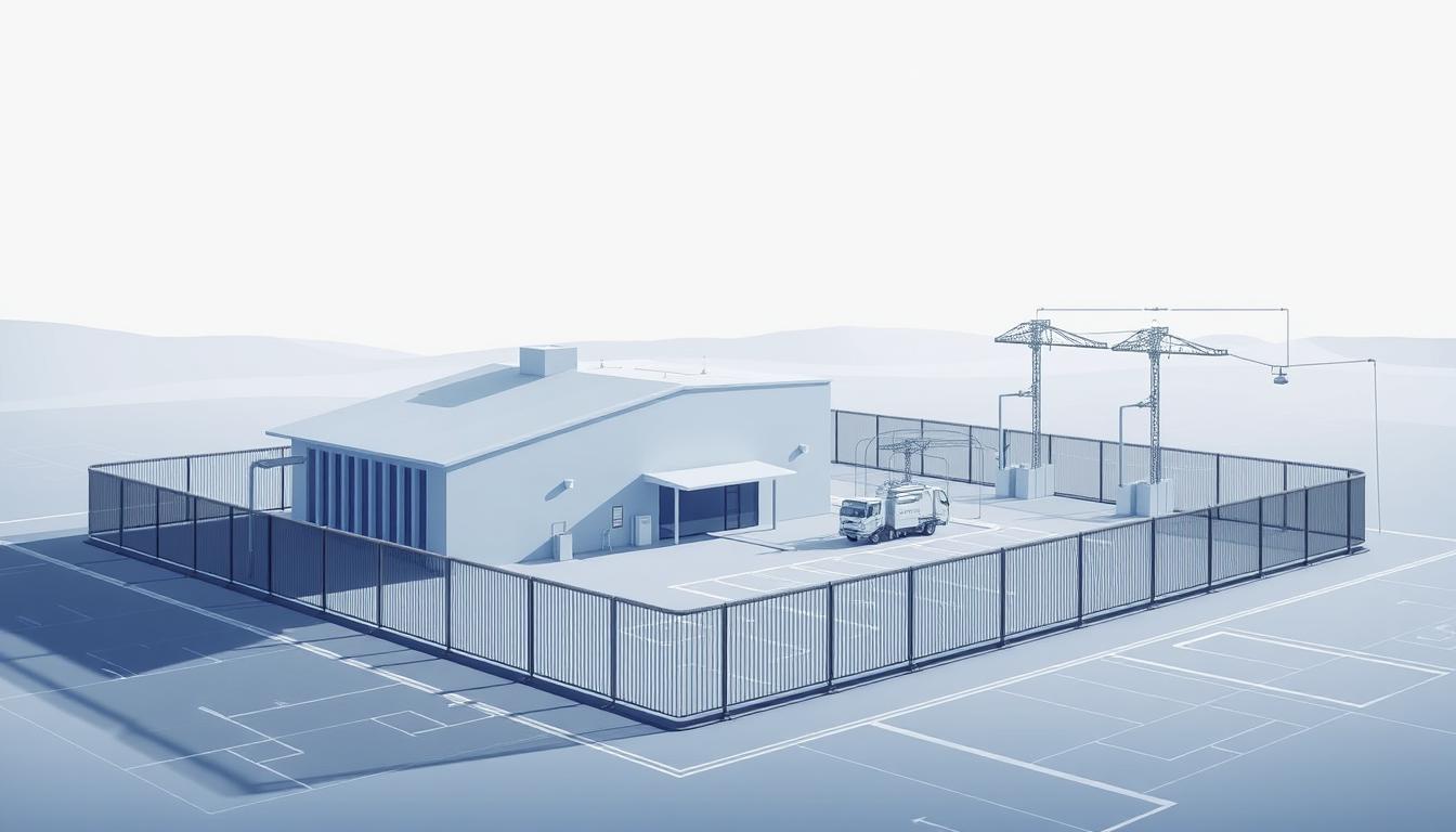 A detailed architectural schematic realistic of an eligible perimeter, rendered in a technical, blueprint-like style. The foreground depicts a sleek, modern building with clean lines and angular geometry, surrounded by a secure perimeter fence. The middle ground shows the intricately designed security system, with sensors, cameras, and access control points. The background features a minimalist landscape, with a subtle gradient of grays and blues to convey a sense of precision and professionalism. The lighting is evenly distributed, casting sharp shadows that emphasize the structural elements. The overall tone is one of precision, functionality, and attention to regulatory compliance. The image should be 100% realistic 