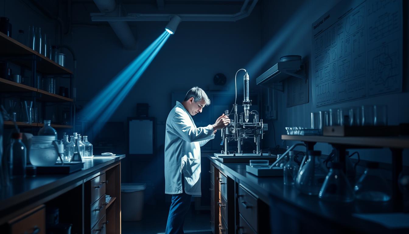 A dimly lit laboratory setting, with various scientific equipment and glassware arranged on sturdy wooden benches. In the center, a researcher in a white lab coat diligently conducts an experiment, carefully adjusting the controls of a complex apparatus. Beams of focused light cast dramatic shadows, creating a sense of intensity and focus. The background is blurred, but hints of technical diagrams and reference materials can be seen, suggesting a rigorous and meticulous approach to the work at hand. The overall atmosphere conveys a sense of scientific inquiry, attention to detail, and the pursuit of new discoveries through a well-designed experimental process.