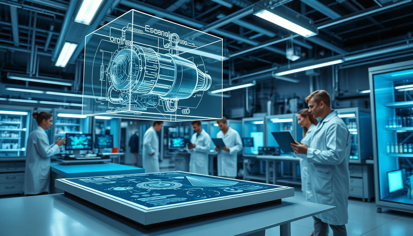 A high-tech research and development laboratory, bathed in cool fluorescent lighting. In the foreground, a sleek, modern workstation with a transparent display panel showcasing complex technical diagrams. Hovering above the desk, a 3D holographic projection of a mechanical device, its inner workings revealed in intricate detail. In the middle ground, scientists in crisp white lab coats scrutinize data on various screens, lost in deep contemplation. The background features rows of state-of-the-art equipment, gleaming metal and glass, creating an atmosphere of cutting-edge innovation. The overall scene conveys a sense of focused, collaborative research dedicated to pushing the boundaries of technology and discovery.