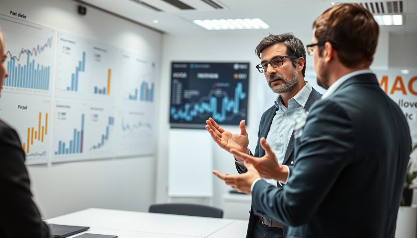 A consultant in innovation financing, standing in a modern, well-lit office, surrounded by financial charts and graphs on the walls. They are engaged in a thoughtful discussion with a client, gesturing animatedly while explaining complex funding options and strategies to support French startups and entrepreneurs. The atmosphere is professional yet dynamic, reflecting the consultant's deep expertise and the importance of their role in the French innovation ecosystem.
